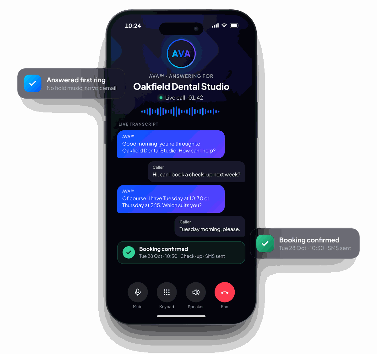AVA™ answering a live call on a smartphone for a dental practice, showing the call transcript and a booking confirmed