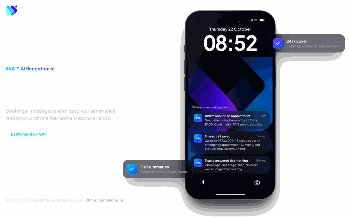 Phone lock screen showing AVA™ notifications for answered calls and a booked appointment. AVA™ AI Receptionist: never miss the call that matters.
